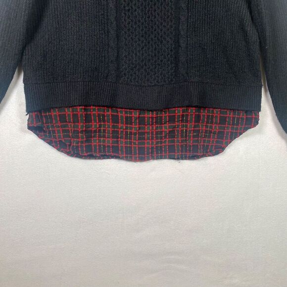 LOFT Black Cable Knit Plaid Trim Sweater Ruffle Neck Holiday Layered Look M - Picture 7 of 12